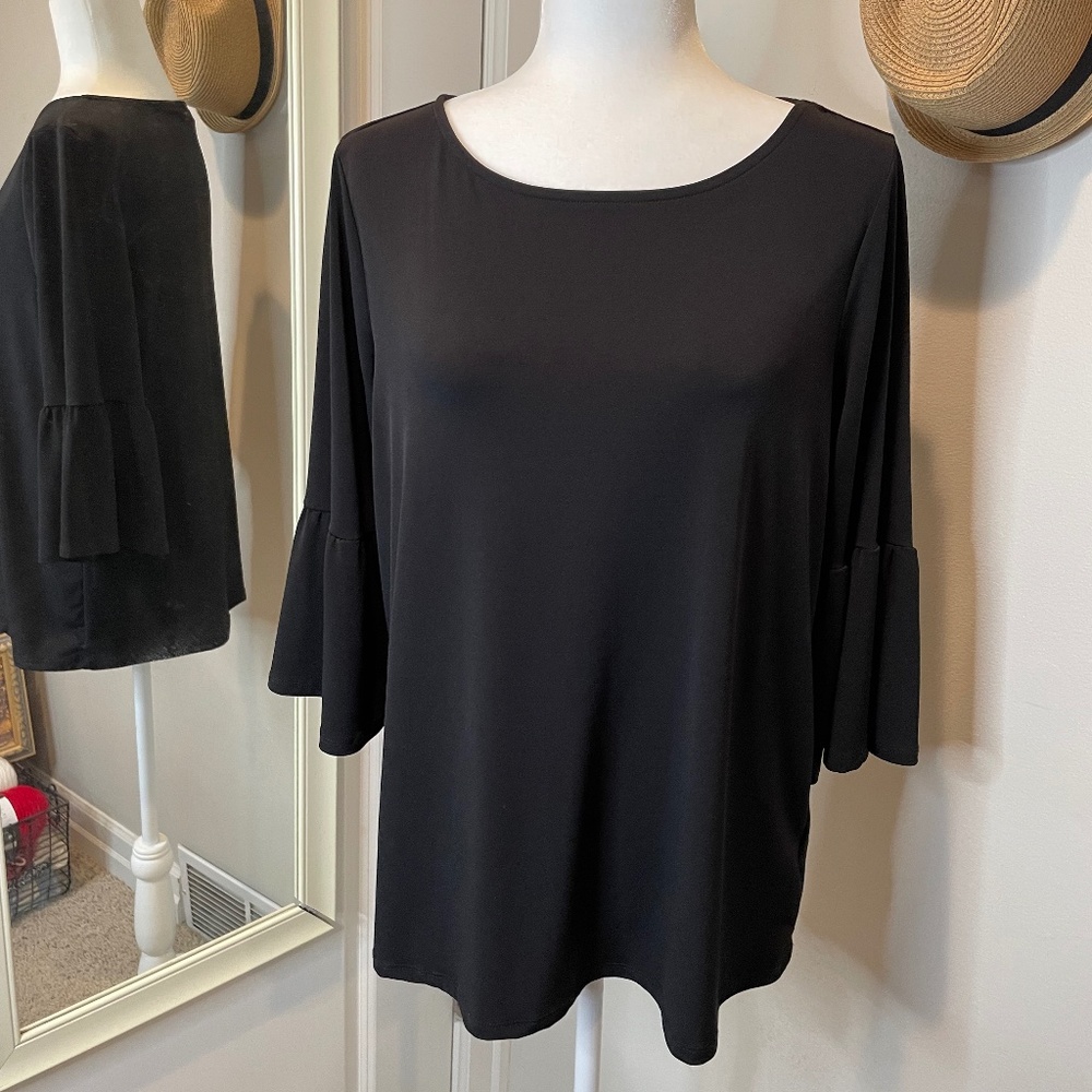Ellen Tracy Black Lightweight Bell-Sleeved Top - L